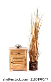 Brown Bedside Table Isolated On White Background Isolated With Tall Floor Dried Flowers In A Bronze Vase