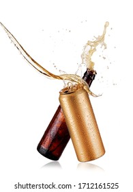 Brown Beer Bottle And Golden Beer Can Toast And Splash, Close Up