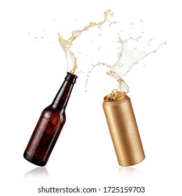 Brown Beer Bottle And A Golden Can Splash