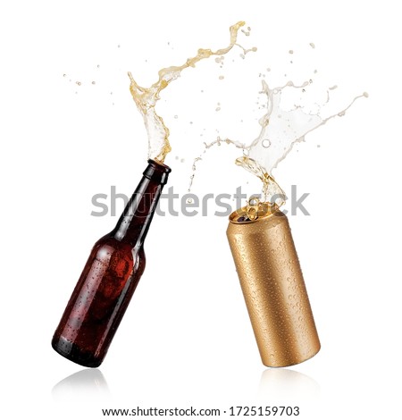 Brown beer bottle and a golden can splash