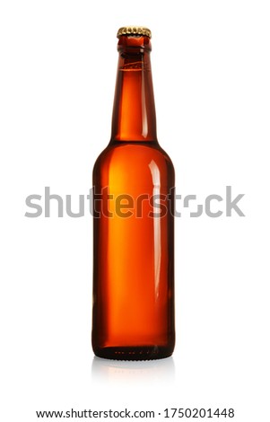 Brown beer bottle with long neck isolated on white background.