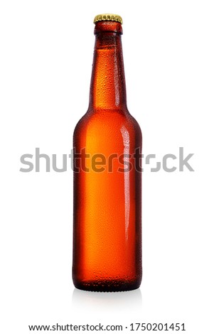 Brown beer bottle with long neck isolated on white background. Without label, water drops.