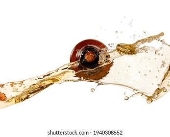 Brown beer bottle splash with flying cap, top view