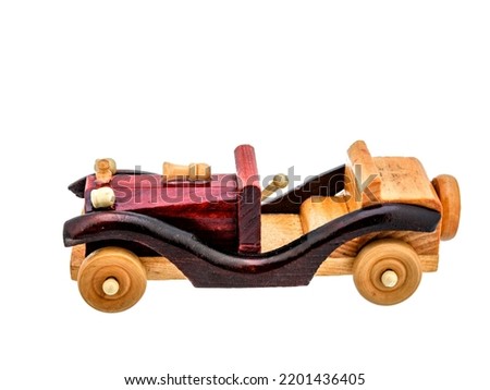 Brown Beige Natural Eco wooden car isolated. Well crafted, covered with stain and varnish, Vintage old toy model in rustic style for kids. Space for text. Use for gaming or interior design.