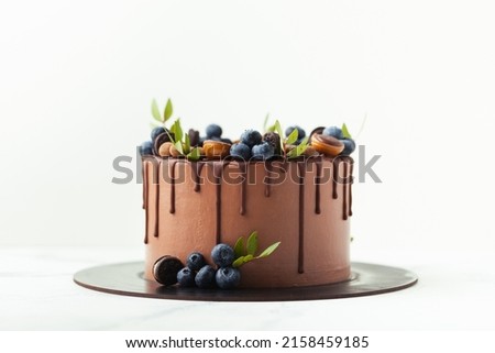 Brown birthday chocolate cake decorated with bluberries, candies and chocolate drips on top. White background.