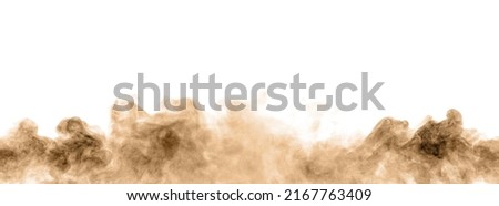 Brown black dust powder explosion. The texture is abstract and splashes float. on a white background