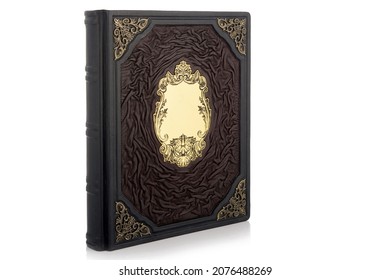 Brown Black Gold Leather Mockup Book With Cover Color Isolated On White Background, Front View. With Empty Lable And Metal Fittings.