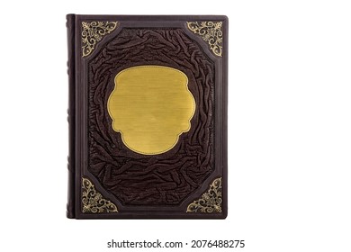 Brown Black Gold Leather Mockup Book With Cover Color Isolated On White Background, Front View. With Empty Lable And Metal Fittings.