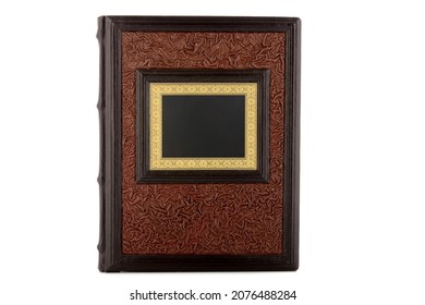 Brown Black Gold Leather Mockup Book With Cover Color Isolated On White Background, Front View. With Empty Lable And Metal Fittings.