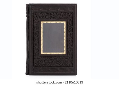 Brown Black Gold Leather Mockup Book With Cover Color Isolated On White Background, Front View. With Empty Lable And Metal Fittings.