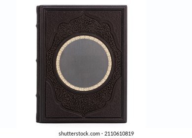 Brown Black Gold Leather Mockup Book With Cover Color Isolated On White Background, Front View. With Empty Lable And Metal Fittings.