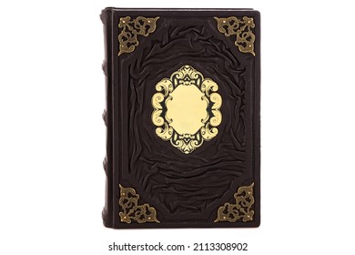 Brown Black Gold Leather Mockup Book With Cover Color Isolated On White Background, Front View. With Empty Lable And Metal Fittings.