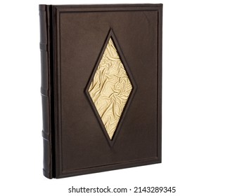 Brown Black Gold Leather Mockup Book With Cover Color Isolated On White Background, Front View. With Empty Lable And Metal Fittings.