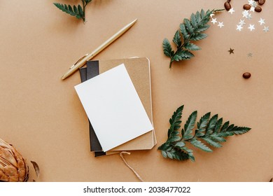 Brown Blogger Background With Note And Blank Card. Todo List, Planning Concept, Mock Up