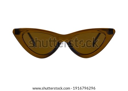 Brown bold triangular cat eye sunglasses with matte lenses and thick frames isolated on white background. Front view.