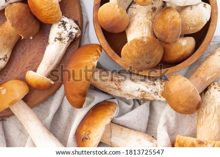 Brown boletus mushrooms on the background of a wooden tray. Top view