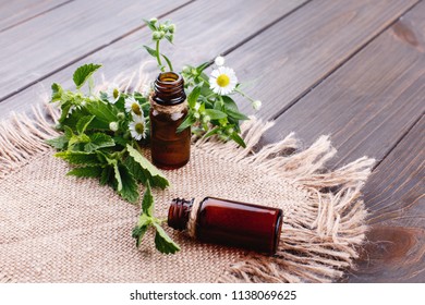Brown bottles with oils, greenery and flowers lie on brown napkin