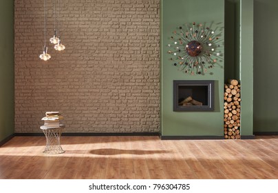 Brown Brick Wall And Green Wall Living Room Decoration Fireplace And Home Ornaments Interior Style