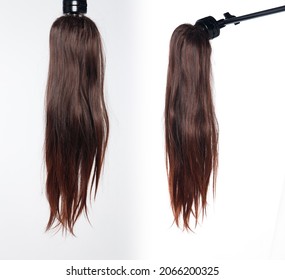 Brown Brunette Pony Tail Hair Piece Wig Small Part On Mannequin Head Over White Background Isolated, Set Of Two To Show Many Angle Of Hair Style Wave And Light Point Of View