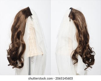 Brune brune courte frise de cheveux frisés perruque petite partie sur tête mannequin sur fond blanc isolée, ensemble de deux pour montrer un grand angle de vision de l'onde et du point de vue clair