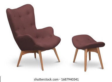 Brown burgundy vinous color armchair and small chair for legs. Modern designer armchair on white background. Textile armchair and chair. Series of furniture - Shutterstock ID 1687940341