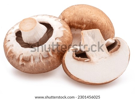 Brown cap champignons with slice of champignon mushroom isolated on white background. Close-up.