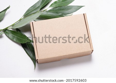 Brown Cardboard Carton box ob fresh green leaves