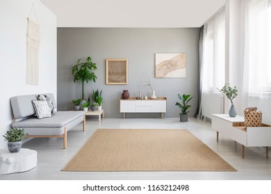 Brown Carpet Between White Cupboard And Sofa In Grey Living Room Interior With Posters. Real Photo