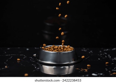 Brown cat or dog kibble in a metal bowl isolated top view close-up. Nutritious healthy diet pet food scattered around, falls and cascades the bowl. Dry cat or dog food spills from a bowl. - Powered by Shutterstock