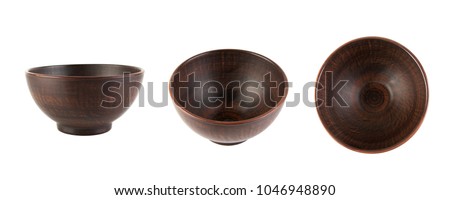 Brown ceramic bowl isolated on white. View from side and from top