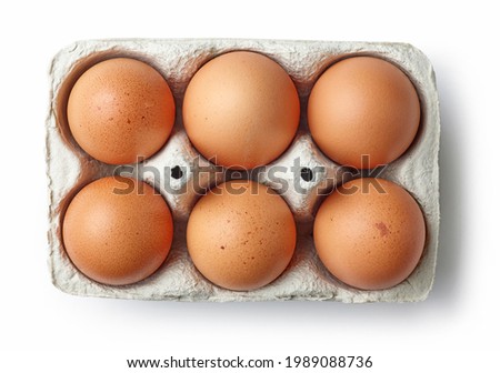 brown chicken eggs in egg box isolated on white background, top view