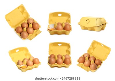 Brown chicken eggs in egg cartons isolated on white, set - Powered by Shutterstock