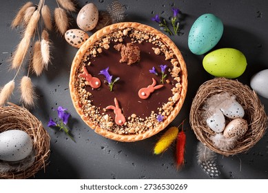 Brown chocolate cake for Easter surrounded by eggs and catkins. Cake, catkins and Easter eggs for Easter.