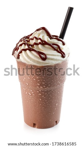 brown chocolate milkshake in plastic take away cup isolated on white background