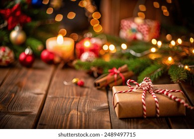 Brown Christmas gift box on rustic wooden table. - stock photo - Powered by Shutterstock