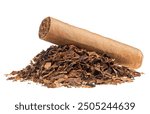 Brown cigar and bunch of dried and chopped tobacco leaves isolated on a white background