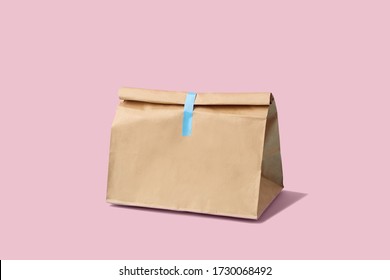 Brown Clear Empty Blank Paper Bag For Food Delivery On Pink Background With Copy Space. Packaging Template Mock Up Fast Food. 