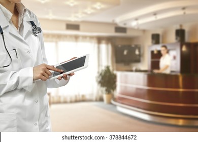 Brown Clinic Interior With Window And Office And Tablet And Nurse 