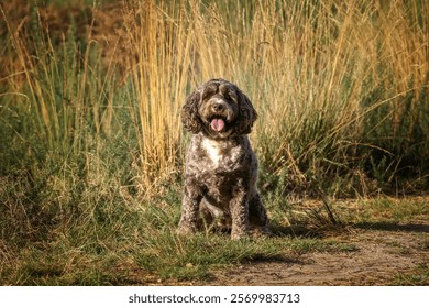 Brown cockapoo dog posing in the fields and forest in the summer in Surrey