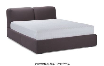 Brown Color Double Bed With Mattress. Modern Designer, Bed Bedroom Isolated On White Background. Series Of Furniture