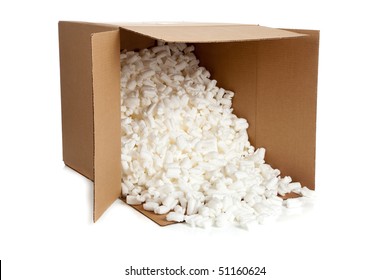 A Brown, Corrugated Cardboard Moving Box With Foam Packing Peanuts On A White Background