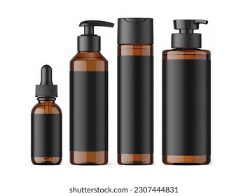 Brown cosmetic bottle with black stamp isolated on white background