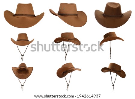 A brown cowboy hat isolated on a white background set of 9 views