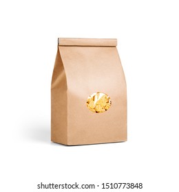 Brown craft paper bag with corn flakes packaging template isolated on white background. Packaging template mockup collection. Stand-up pouch Half Side view package