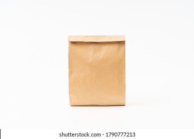 Brown Craft Paper Bag For Food Packaging Template Isolated On White Background. Template Mockup Collection. 