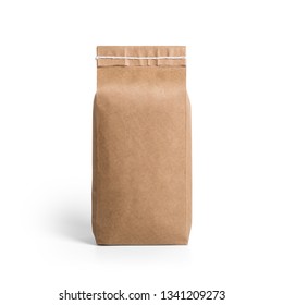 Brown Craft Paper Bag Packaging Template With Stitch Sewing Isolated On White Background. Packaging Template Mockup Collection. With Clipping Path Included. Stand-up Pouch Back View Package