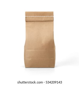 Brown Craft Paper Bag Packaging Template With Stitch Sewing Isolated On White Background. Packaging Template Mockup Collection. With Clipping Path Included. Stand-up Pouch Back View Package