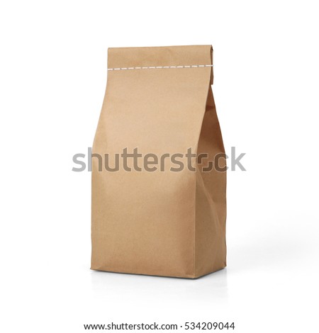 Brown craft paper bag packaging template with stitch sewing isolated on white background. Packaging template mockup collection. With clipping Path included. Stand-up pouch Front view package