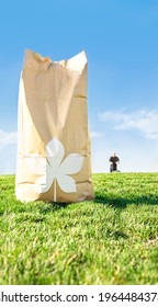 Brown Craft Paper Bag For Yard Waste Place On Green Grass Field Against Bright Blue Sky While Man Mowing Lawn In Blurred Background. Trash Management With Eco Friendly Environment Concept, Copy Space.