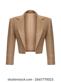  Brown cropped blazer with houndstooth pattern, notch lapels, and long sleeves
